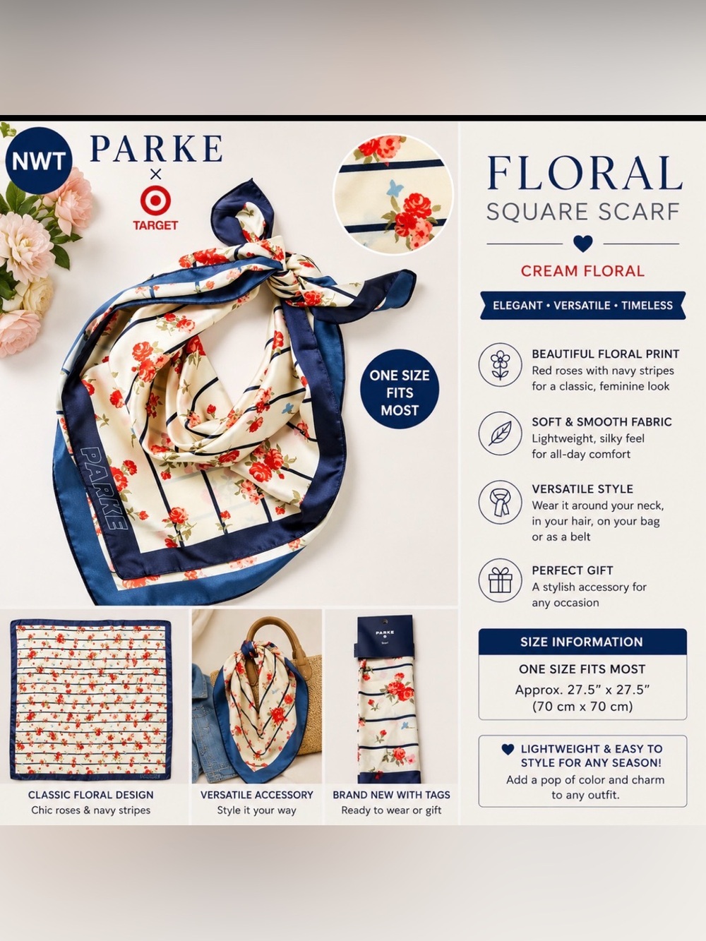 Parke x Target Floral Square Scarf Cream Navy Red NWT One Size Satin Feel